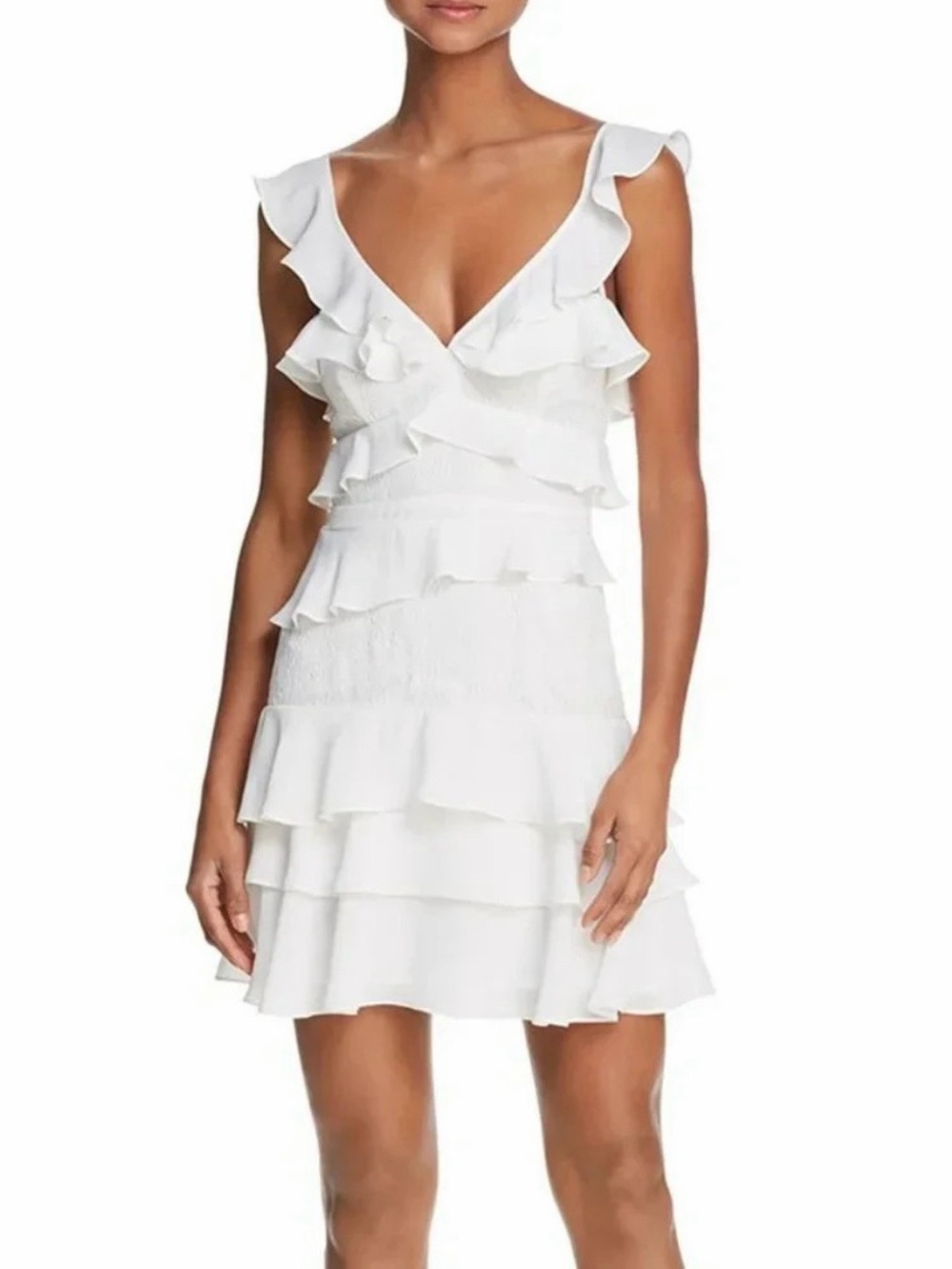 Bardot White Ruffle Tiered V-Neck Mini Dress